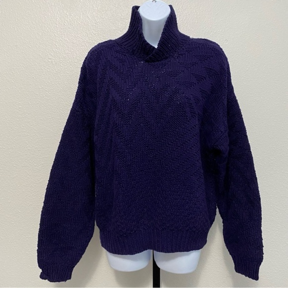 Vintage Women’s Chunky Hand Knit Cotton Turtleneck Sweater L Fisherman Cabincore